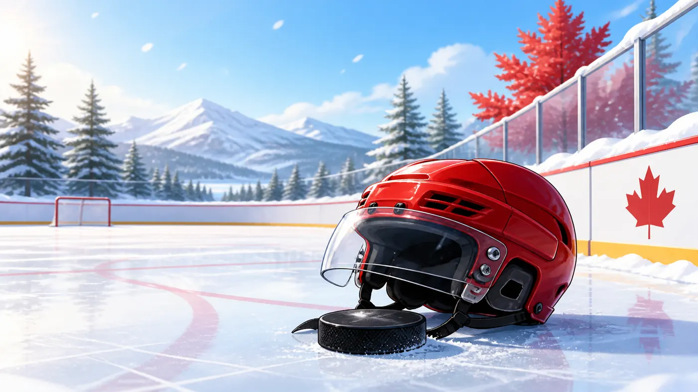 Cartoon ice rink with hockey helmet and puck for Hockey One Vision