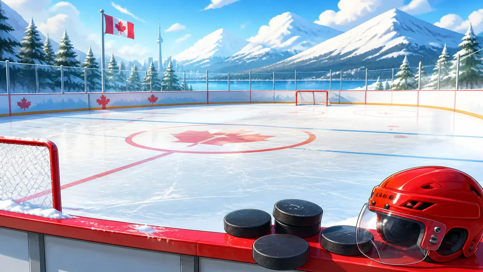Bright cartoon ice rink with hockey helmet and pucks